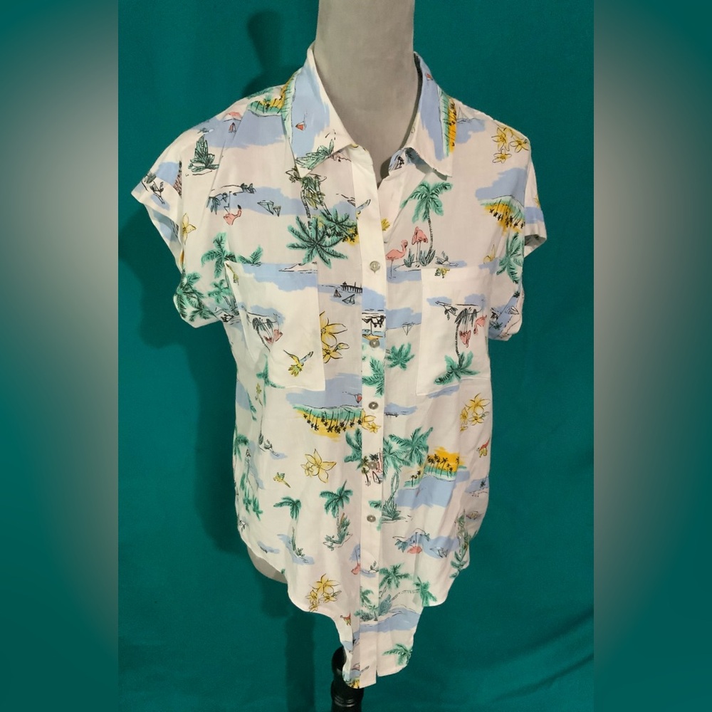 Tribal Women’s White Tropical Print Short-Sleeve Button Down Top w/Front Placket